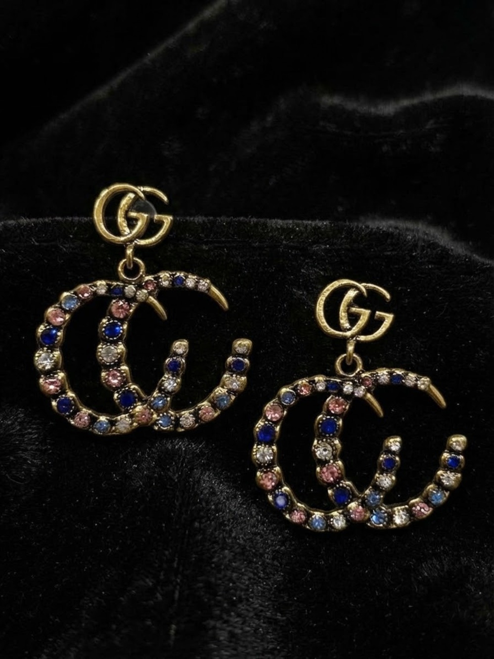 Gold-Tone Double GG Drop Earrings with Blue and Pink Crystals